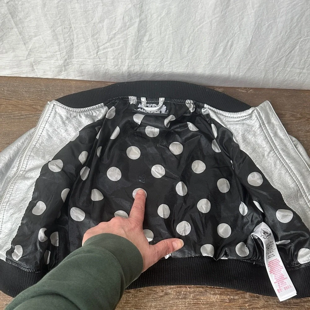 Disney Silver Metallic Bomber Jacket with Black Trim and Minnie Patch